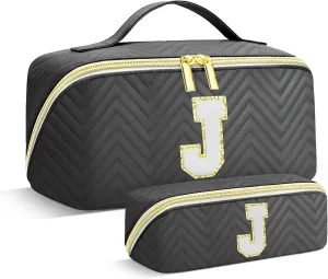 Personalized Initial Black Makeup Bag | Trendy Large Capacity Cosmetic Bags, Travel Toiletry Bag Teen Girls Women Girlfriend Teacher Gifts, Leather Waterproof Portable Make up Bags Organizer - J