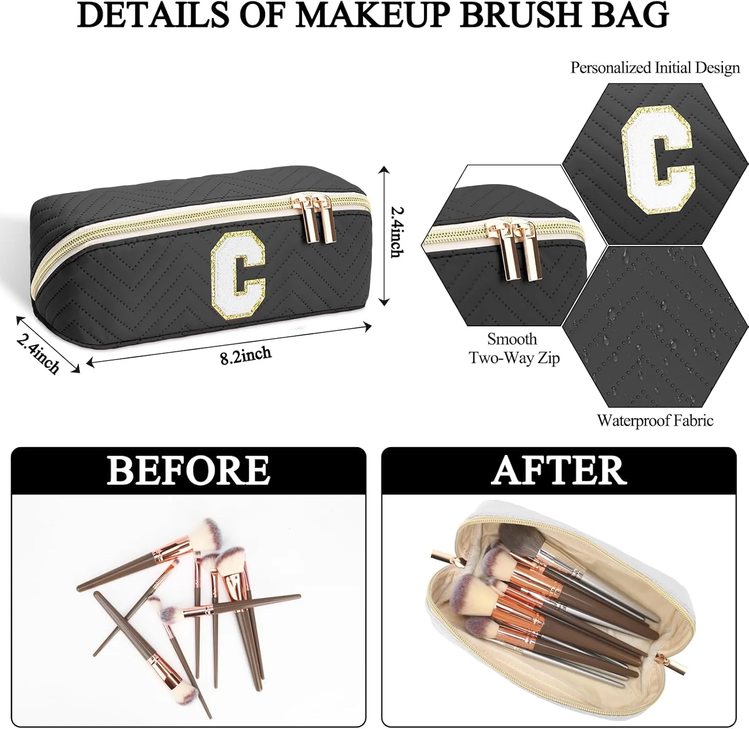 Personalized Initial Black Makeup Bag | Trendy Large Capacity Cosmetic Bags, Travel Toiletry Bag Teen Girls Women Girlfriend Teacher Gifts, Leather Waterproof Portable Make up Bags Organizer - J