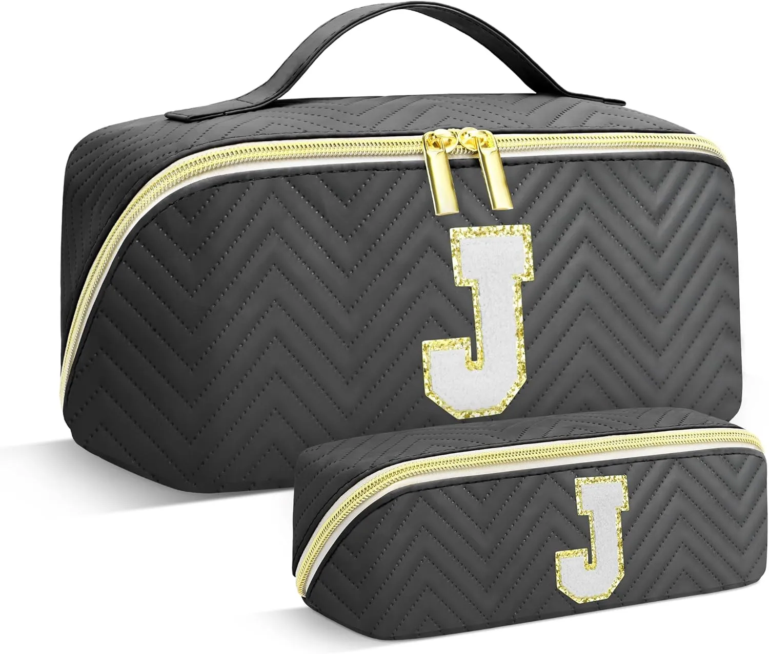 Personalized Initial Black Makeup Bag | Trendy Large Capacity Cosmetic Bags, Travel Toiletry Bag Teen Girls Women Girlfriend Teacher Gifts, Leather Waterproof Portable Make up Bags Organizer - J