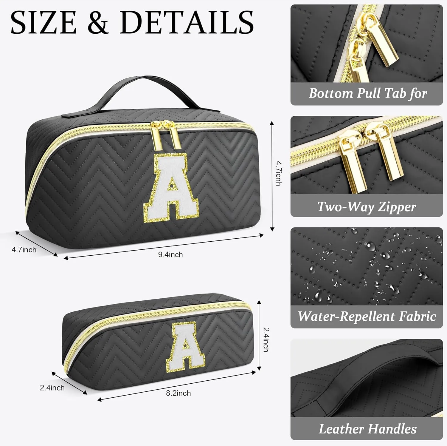 Personalized Initial Black Makeup Bag | Trendy Large Capacity Cosmetic Bags, Travel Toiletry Bag Teen Girls Women Girlfriend Teacher Gifts, Leather Waterproof Portable Make up Bags Organizer - J