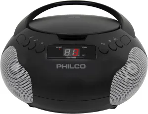 Philco Portable CD Player Boombox with Speakers and AM FM Radio | Black Boom Box Compatible with CD-R/CD-RW and Audio CD | 3.5mm Aux Input | Stereo Sound | LED Display | AC/Battery Powered