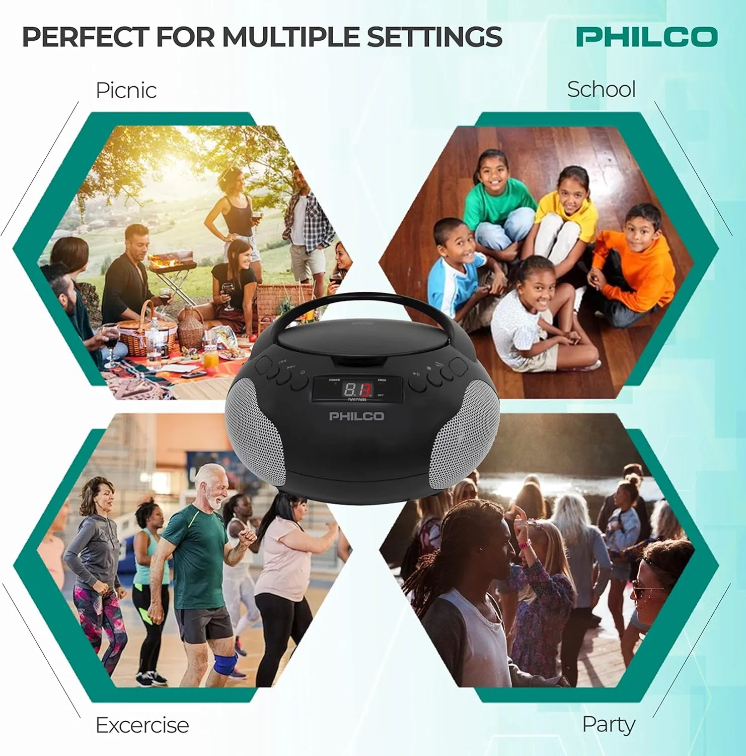 Philco Portable CD Player Boombox with Speakers and AM FM Radio | Black Boom Box Compatible with CD-R/CD-RW and Audio CD | 3.5mm Aux Input | Stereo Sound | LED Display | AC/Battery Powered