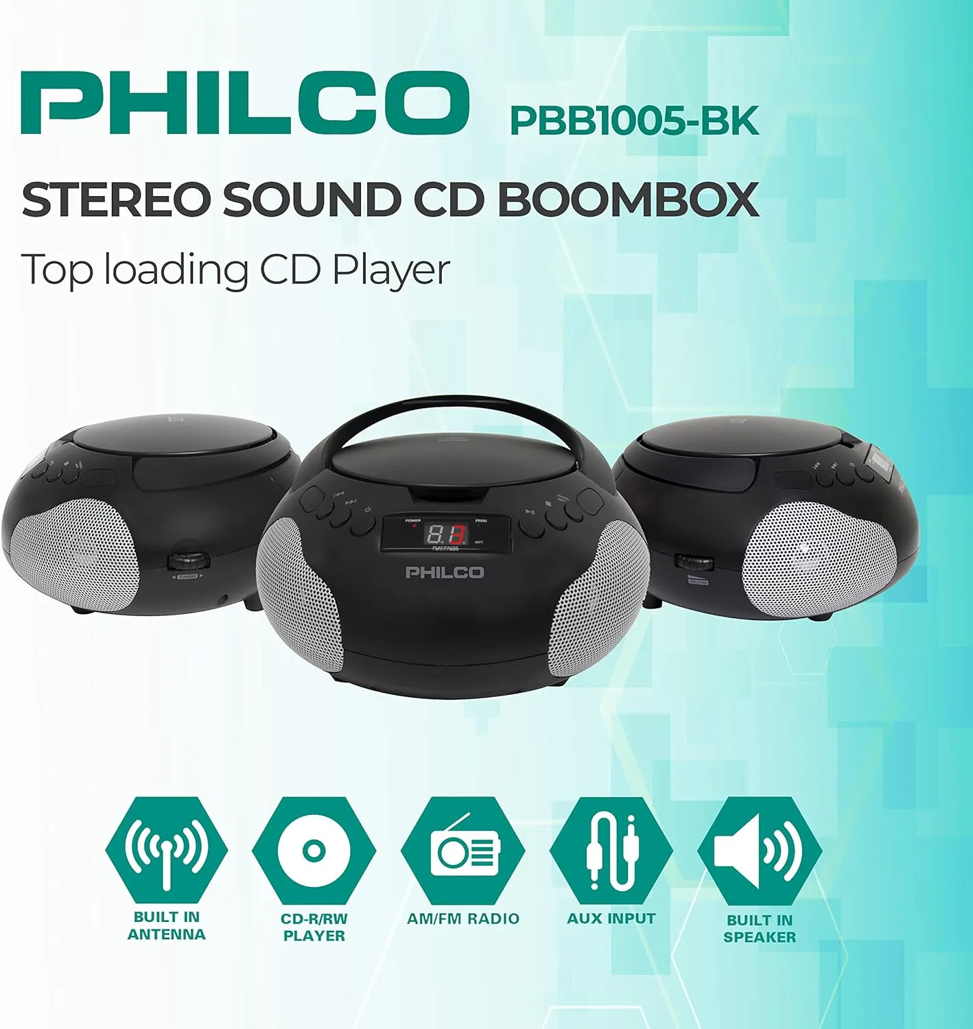 Philco Portable CD Player Boombox with Speakers and AM FM Radio | Black Boom Box Compatible with CD-R/CD-RW and Audio CD | 3.5mm Aux Input | Stereo Sound | LED Display | AC/Battery Powered