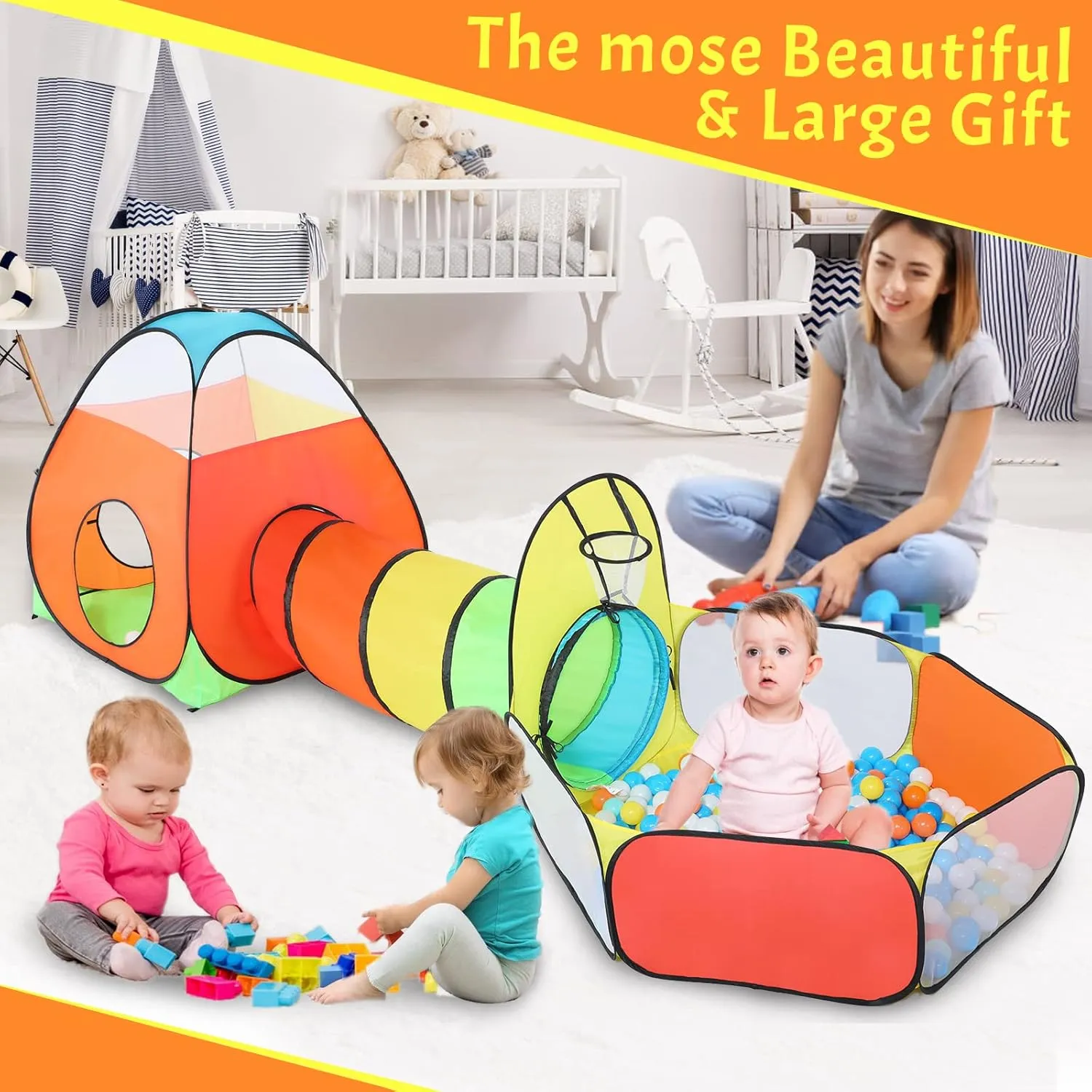 PigPigPen 3 in 1 Kids Play Tent with Play Tunnel, Ball Pit, Basketball Hoop for Boys & Girls, Toddler Pop Up Playhouse Toy for Baby Indoor/Outdoor, Gift for Year Old Child (Rainbow 3pc Play Tent)