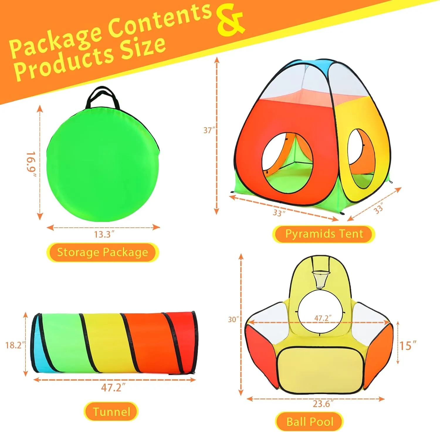 PigPigPen 3 in 1 Kids Play Tent with Play Tunnel, Ball Pit, Basketball Hoop for Boys & Girls, Toddler Pop Up Playhouse Toy for Baby Indoor/Outdoor, Gift for Year Old Child (Rainbow 3pc Play Tent)