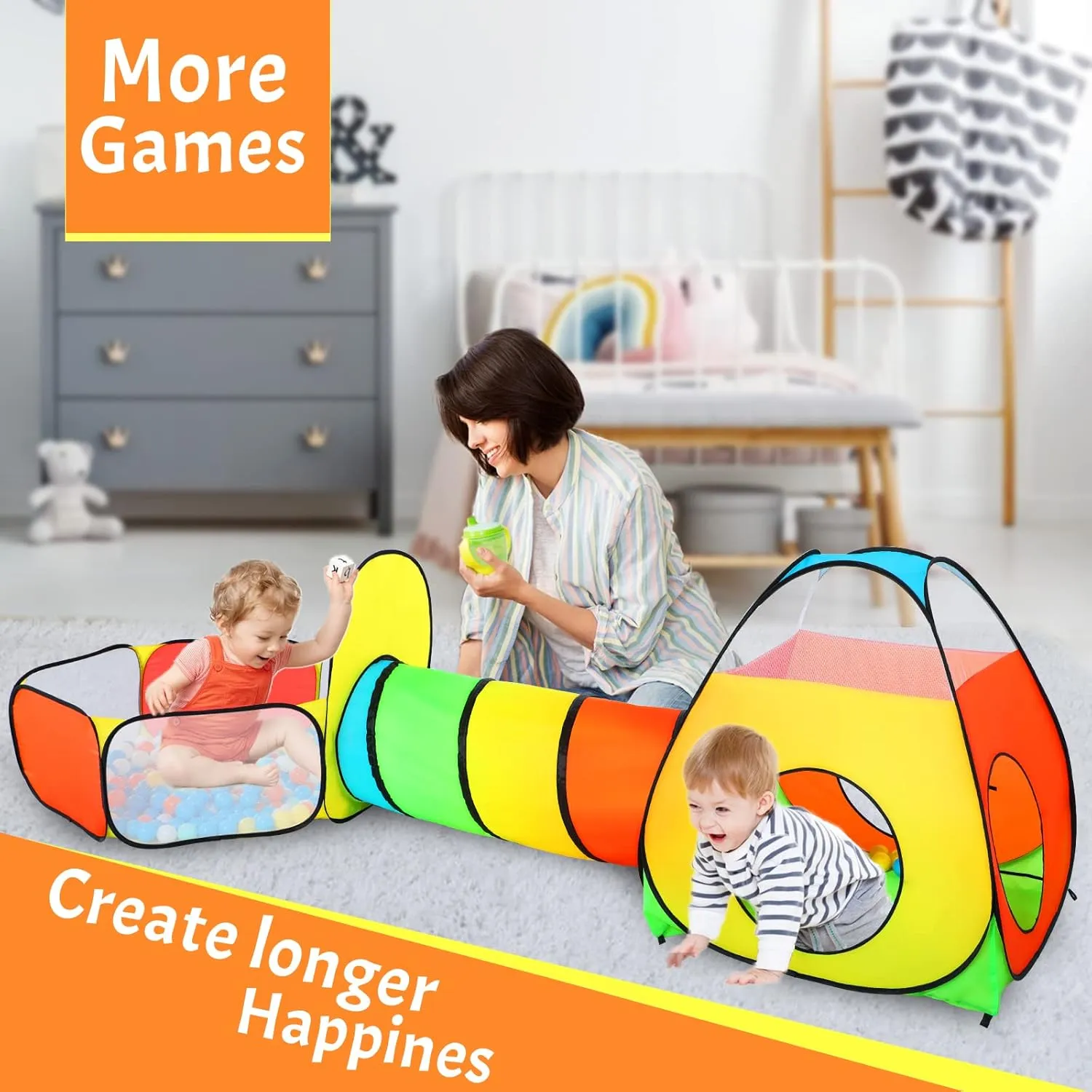 PigPigPen 3 in 1 Kids Play Tent with Play Tunnel, Ball Pit, Basketball Hoop for Boys & Girls, Toddler Pop Up Playhouse Toy for Baby Indoor/Outdoor, Gift for Year Old Child (Rainbow 3pc Play Tent)