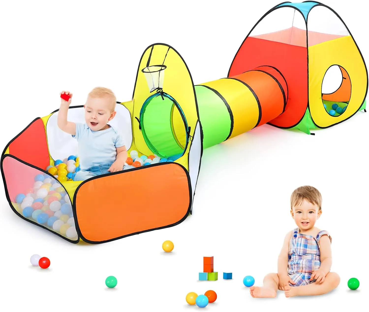 PigPigPen 3 in 1 Kids Play Tent with Play Tunnel, Ball Pit, Basketball Hoop for Boys & Girls, Toddler Pop Up Playhouse Toy for Baby Indoor/Outdoor, Gift for Year Old Child (Rainbow 3pc Play Tent)