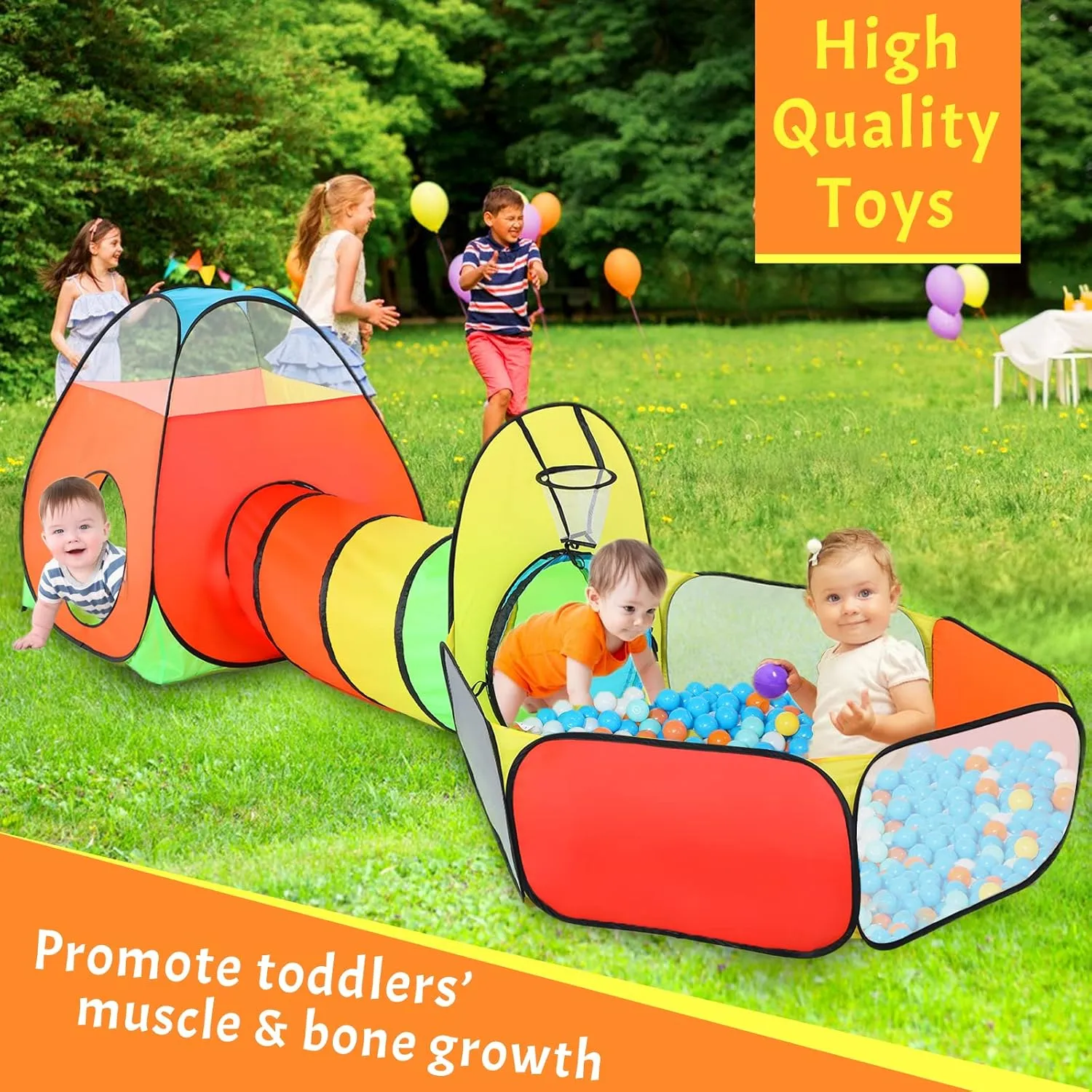 PigPigPen 3 in 1 Kids Play Tent with Play Tunnel, Ball Pit, Basketball Hoop for Boys & Girls, Toddler Pop Up Playhouse Toy for Baby Indoor/Outdoor, Gift for Year Old Child (Rainbow 3pc Play Tent)