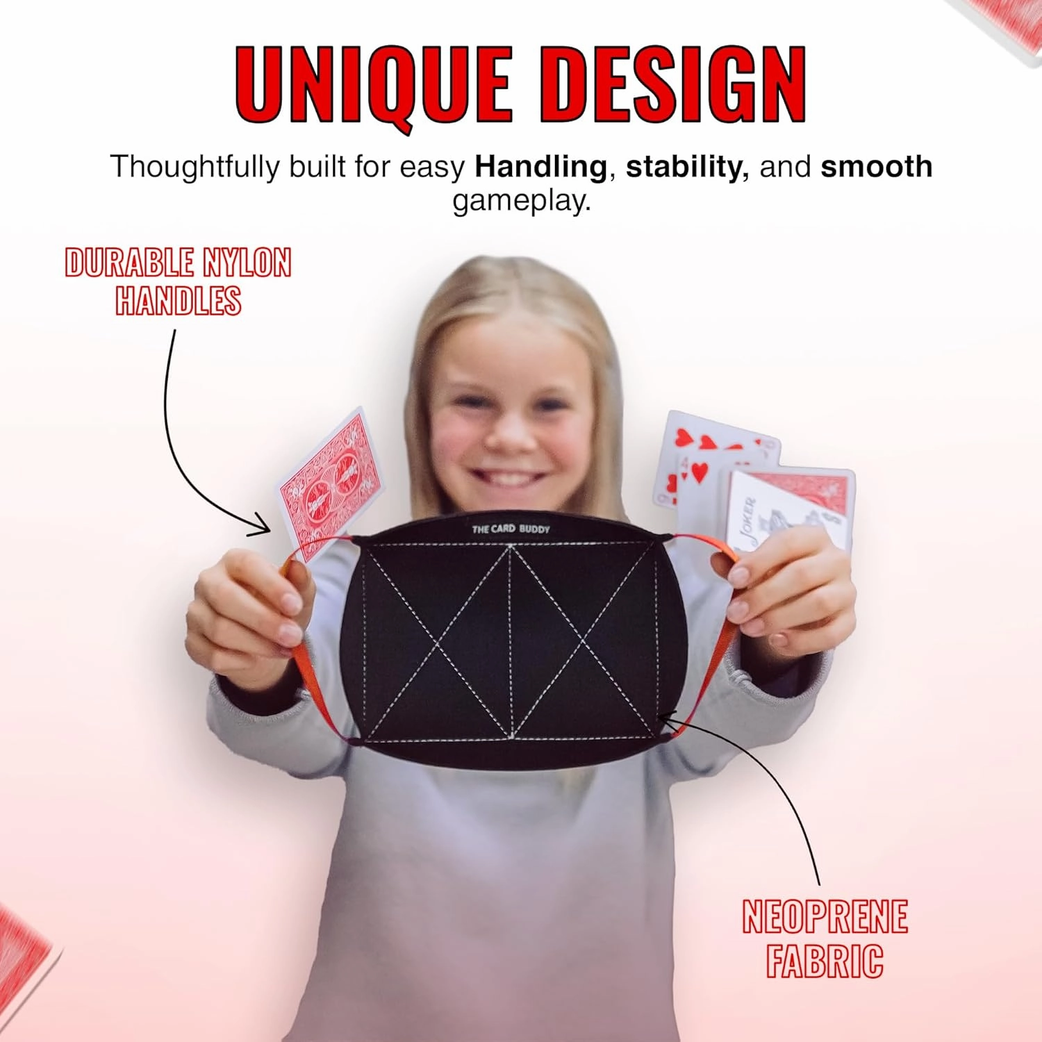 Playing Card Holder for Adults & Kids with Nylon Straps - Neoprene Card Tray for Games - Holds Various Deck Sizes - Used for Uno, Go Fish & More - Portable and Lightweight (Orange)