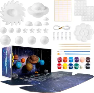 Pllieay 3D Solar System Model, Solar System Project Kit Includes Display Box, Mixed Sized Foam Balls, Color Pigments, Palette, Painting Brushes, Bamboo Sticks for Kids School Science Projects