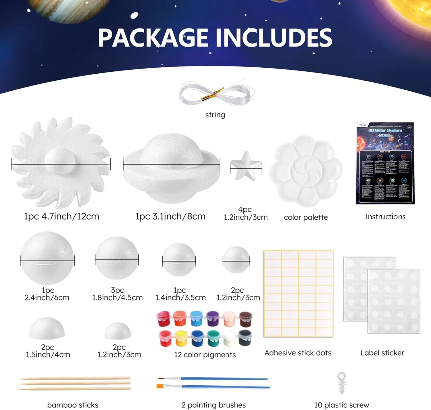 Pllieay 3D Solar System Model, Solar System Project Kit Includes Display Box, Mixed Sized Foam Balls, Color Pigments, Palette, Painting Brushes, Bamboo Sticks for Kids School Science Projects