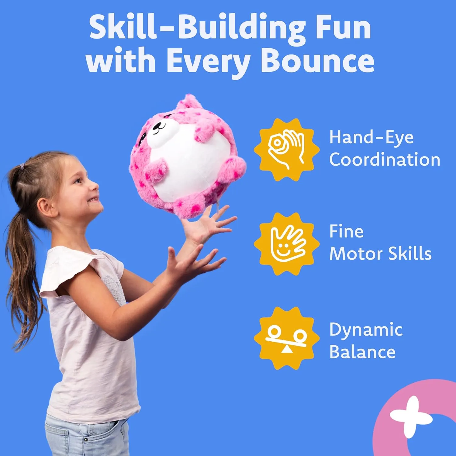 Plush Bouncy Ball for Kids, 9in Inflatable Sensory Toy with Animal Cover for Boys & Girls Ages 3 and up, Cuddly Squishy with Air Pump Included, Lily Loveheart Hugpal