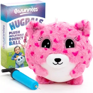 Plush Bouncy Ball for Kids, 9in Inflatable Sensory Toy with Animal Cover for Boys & Girls Ages 3 and up, Cuddly Squishy with Air Pump Included, Lily Loveheart Hugpal