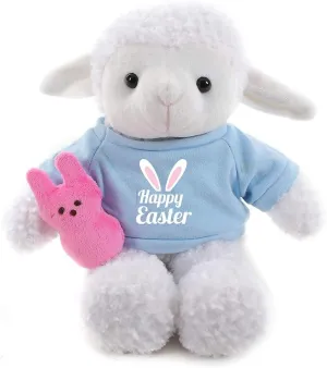 Plushland Easter Stuffed Animal with Bunny Carrot Soft Lovely Realistic Sitting Plush Toy with Pattern on Blue and Pink Shirt 12 Inches(Sheep Blue)