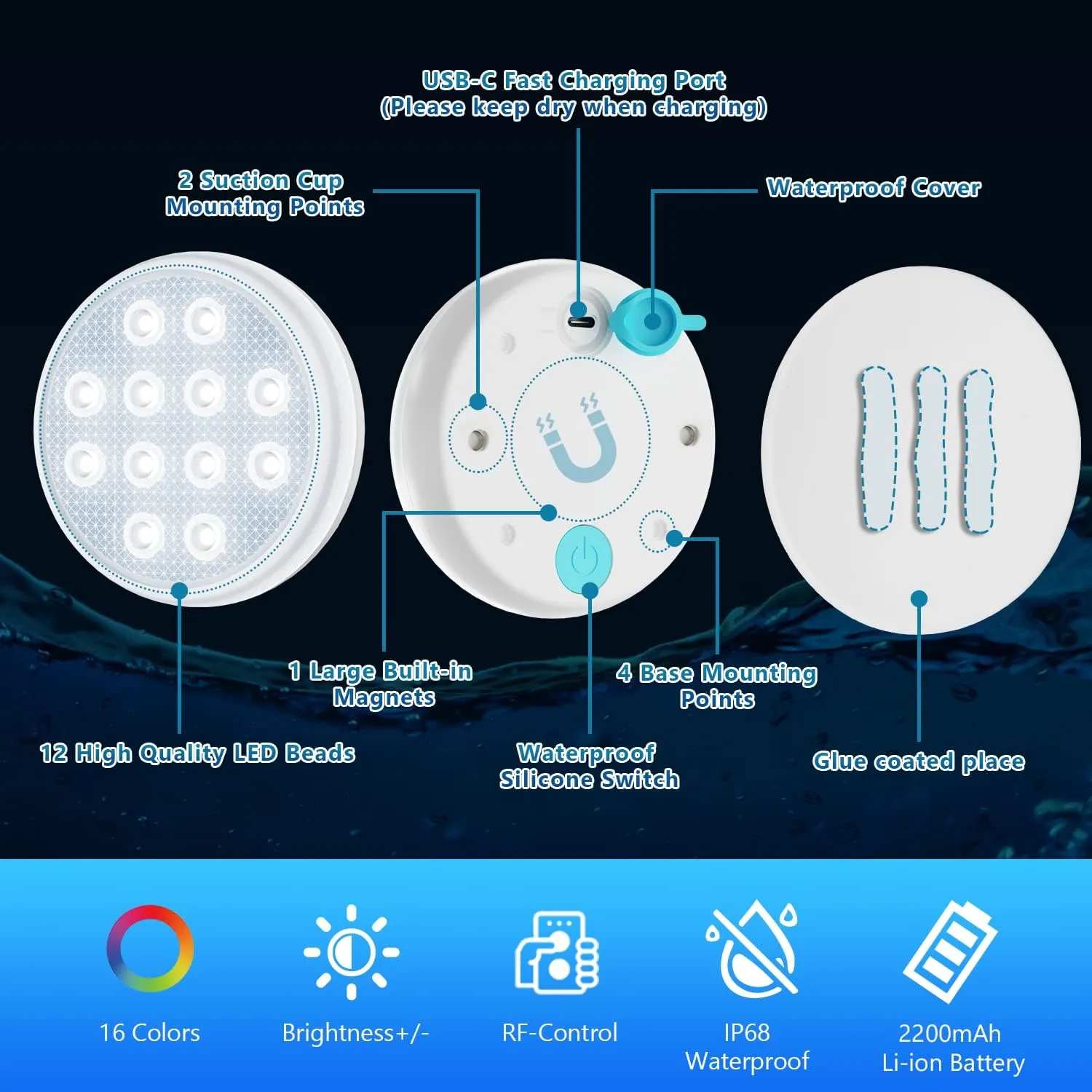 Pool Lights, Rechargeable Submersible LED Lights, IP68 Waterproof Underwater Lights,16 Color Changing Floating Lights with Remote, Magnets, Suction Cups for Bathtub,Pond,Party-8 Pack