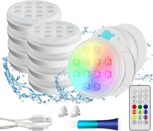 Pool Lights, Rechargeable Submersible LED Lights, IP68 Waterproof Underwater Lights,16 Color Changing Floating Lights with Remote, Magnets, Suction Cups for Bathtub,Pond,Party-8 Pack