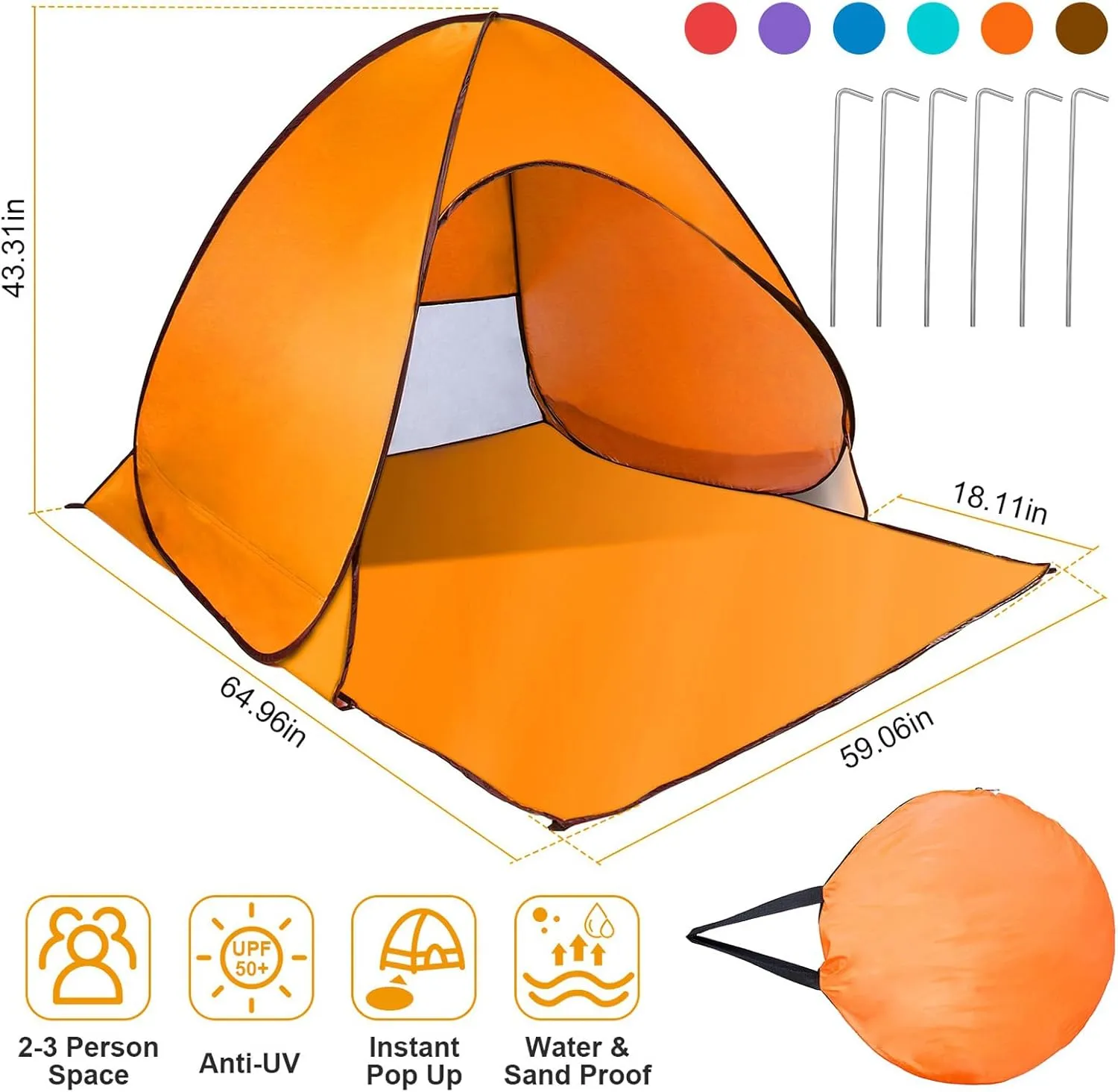 Pop Up Beach Tent, Anti UV Automatic Sun Shelter Umbrella, Portable Sun Shade Shelter for 2-3 People, Outdoor Instant Pop Up Beach Shade Tent with Carrying Bag, Orange