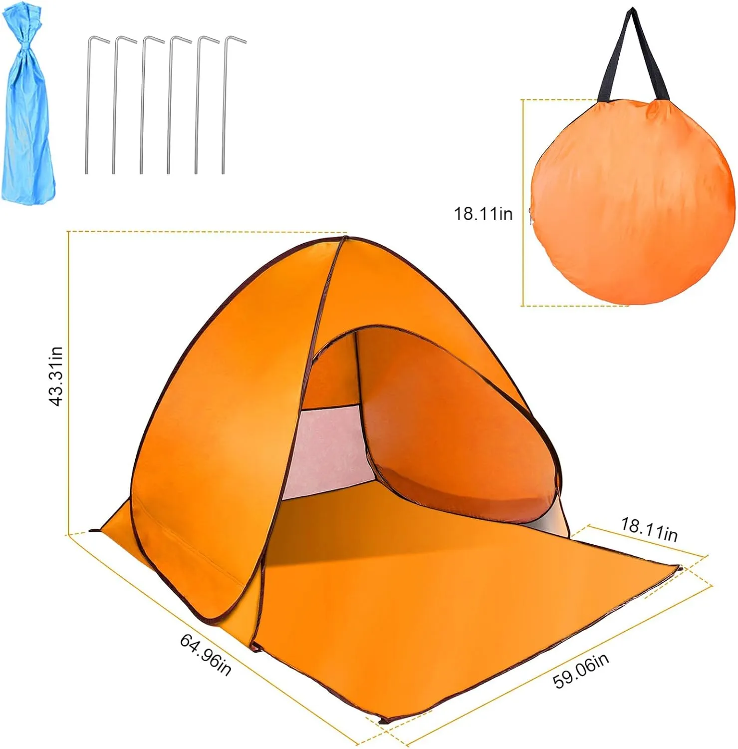 Pop Up Beach Tent, Anti UV Automatic Sun Shelter Umbrella, Portable Sun Shade Shelter for 2-3 People, Outdoor Instant Pop Up Beach Shade Tent with Carrying Bag, Orange