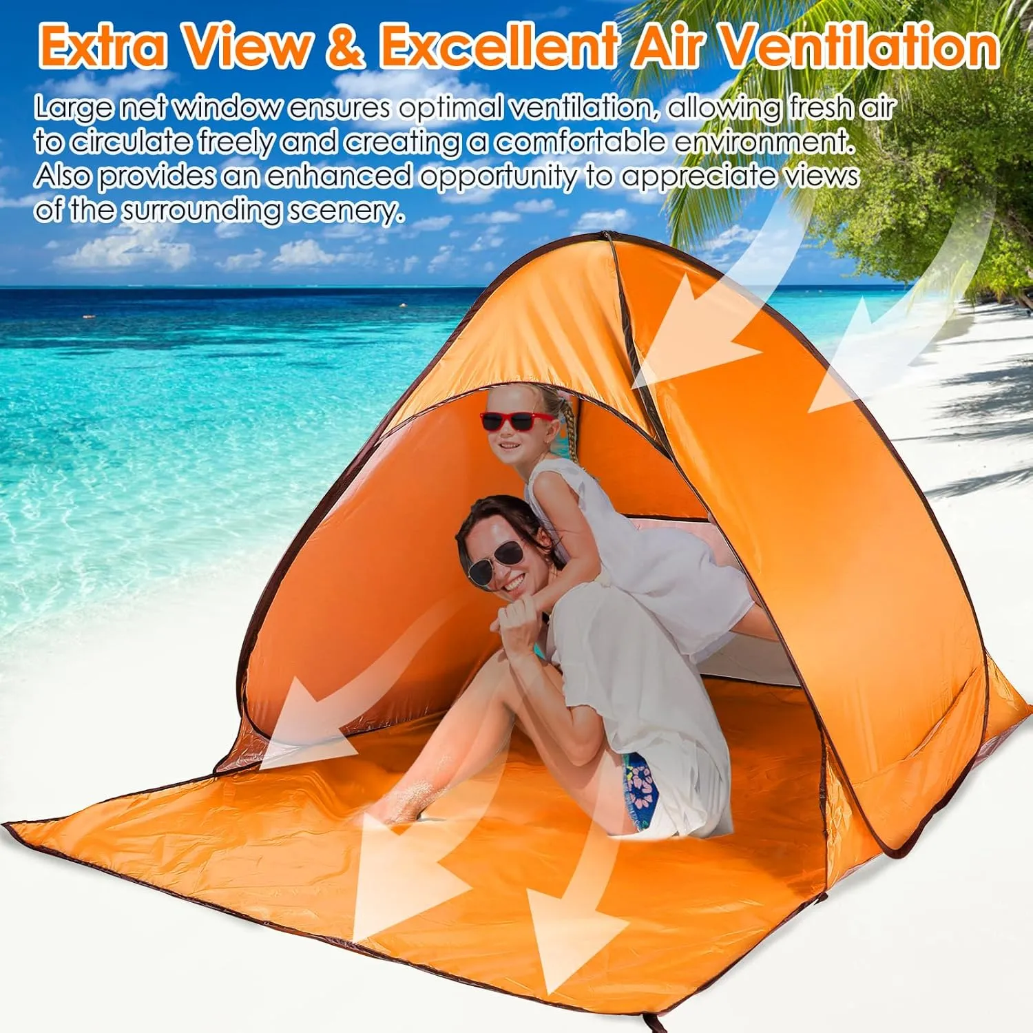Pop Up Beach Tent, Anti UV Automatic Sun Shelter Umbrella, Portable Sun Shade Shelter for 2-3 People, Outdoor Instant Pop Up Beach Shade Tent with Carrying Bag, Orange