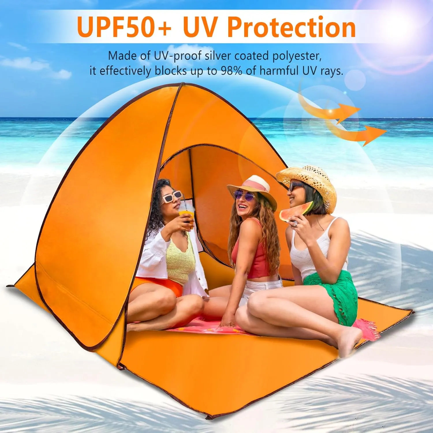 Pop Up Beach Tent, Anti UV Automatic Sun Shelter Umbrella, Portable Sun Shade Shelter for 2-3 People, Outdoor Instant Pop Up Beach Shade Tent with Carrying Bag, Orange