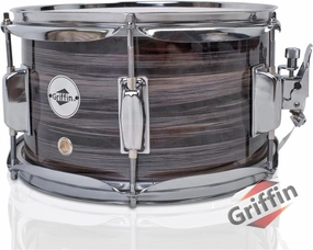 Popcorn Snare Drum by GRIFFIN | Firecracker Acoustic 10" x 6" Poplar Shell with Zebra Wood PVC | Soprano Mini Concert Marching Percussion Musical Instrument with Snare Throw Off, Drummers Key & Head