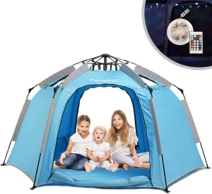 Portable Hexagon Kids Play Tent with LED Strip Lights Indoor Children Play House Easy Set-up Space Tent Dream Tent for Night.4-5 Person Large Tent & Birthday Gifts