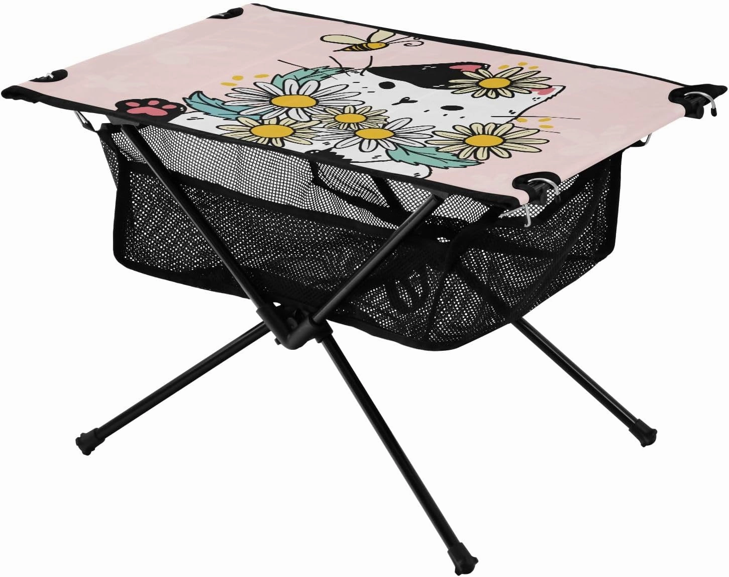 Portable Camping Table Cat with Flowers Daisy Outdoor Foldable Camp Tables for Outside, Camping, Hiking, Tailgating