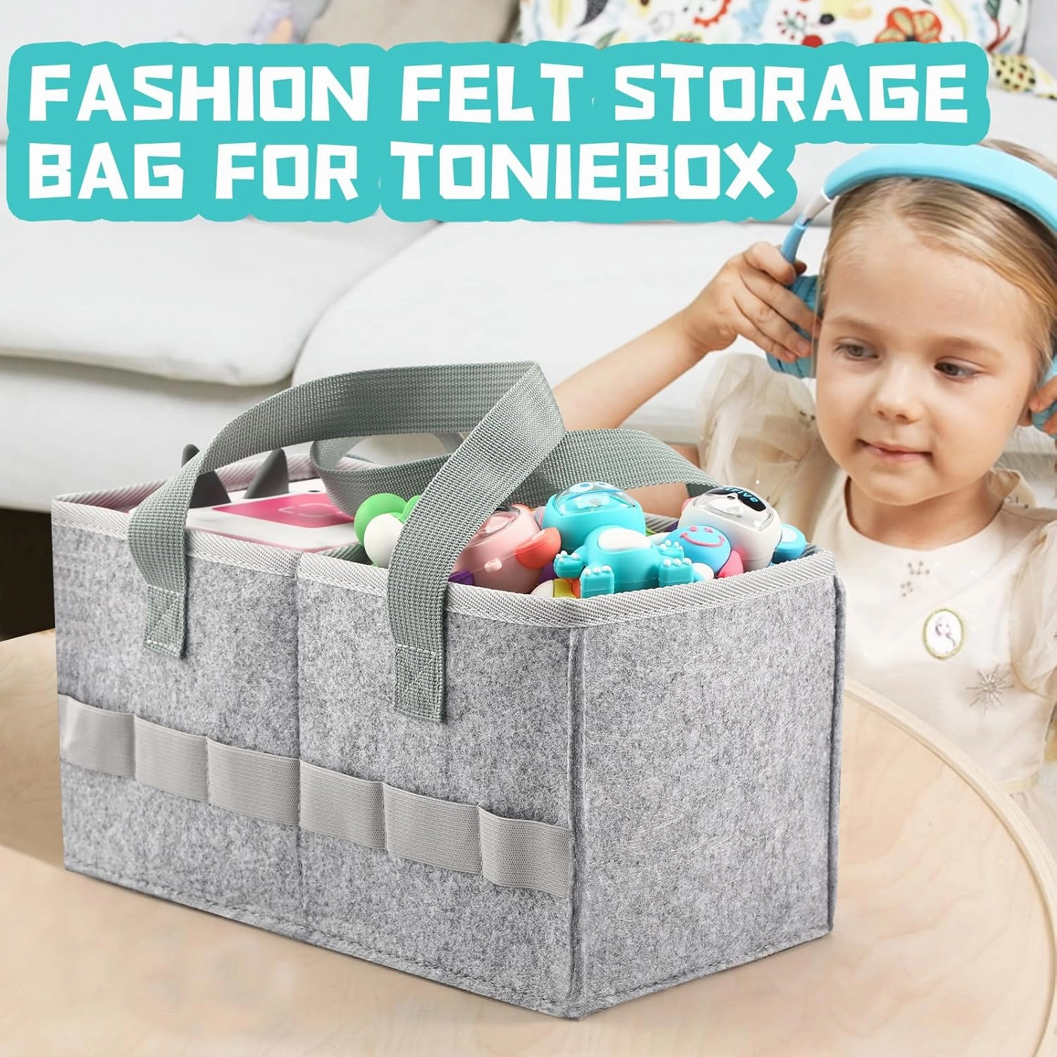 Portable Carrying Case Compatible with Toniebox Starter Set and Tonies Figurines,Travel Felt Cloth Musical Toy Folding Bag for Toniebox Accessories (Gray)