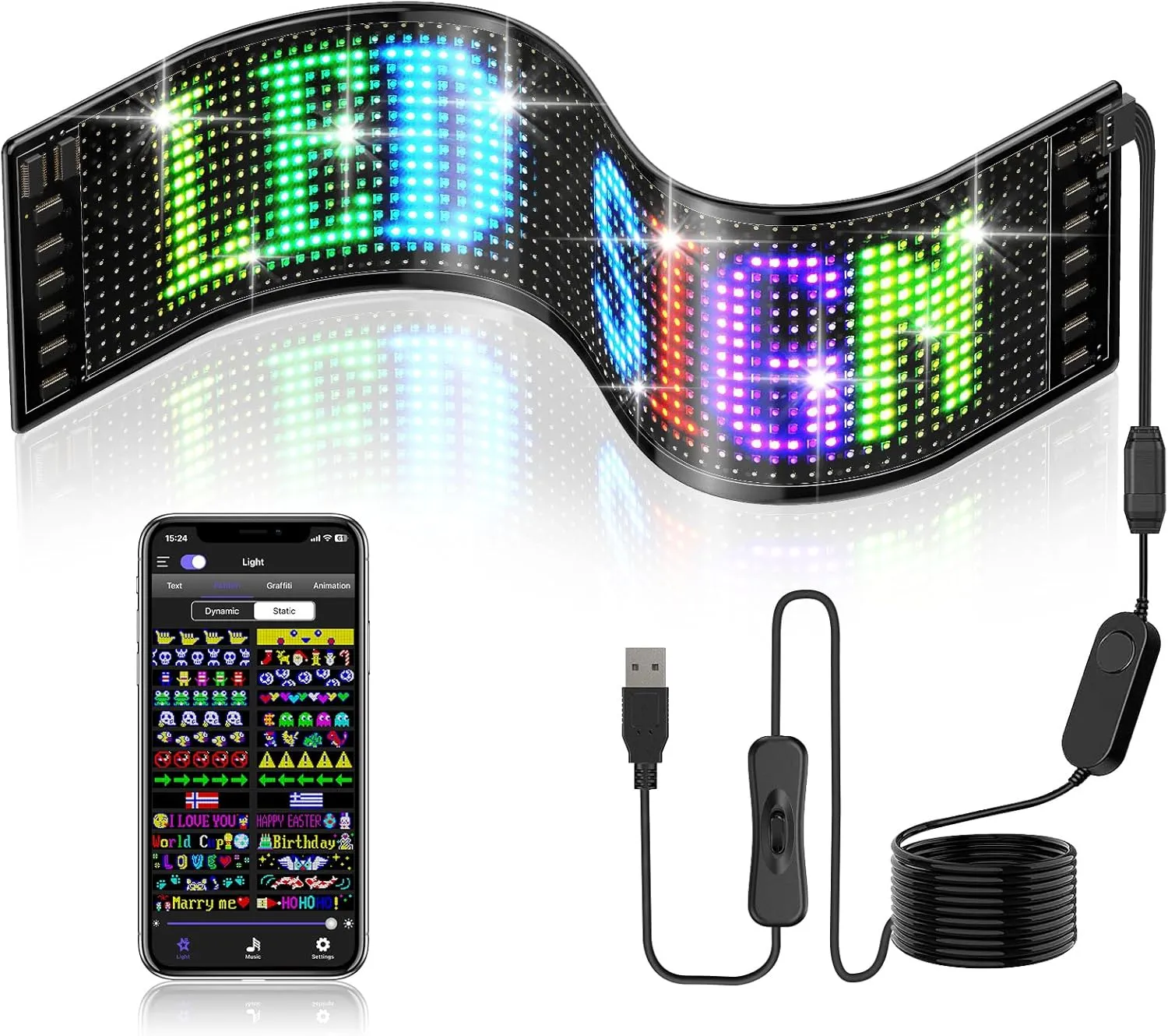 Programmable Led Sign, 15''x4'' Pre-made Animations & Customizable Text Led Car Sign, Bluetooth APP Control Scrolling LED Sign, Custom,Graffiti Flexible Led Matrix Panel for Car Store Hotel Holiday