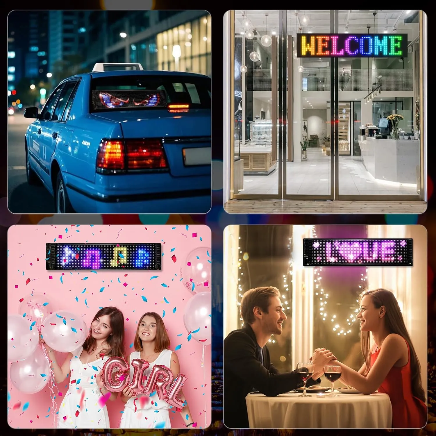 Programmable Scrolling LED Sign, 14.7"x3.6" Flexible Digital Display, USB & APP Control, Custom DIY Editor for Text, Patterns & Animations, Perfect for Car, Store, School, Hotel