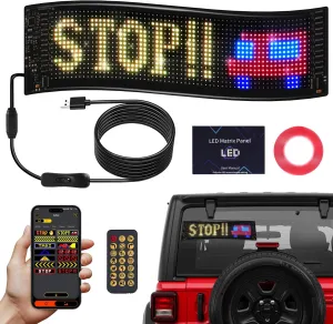 Programmable Scrolling LED Sign, 14.7"x3.6" Flexible Digital Display, USB & APP Control, Custom DIY Editor for Text, Patterns & Animations, Perfect for Car, Store, School, Hotel