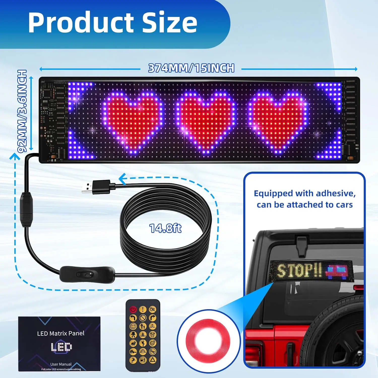 Programmable Scrolling LED Sign, 14.7"x3.6" Flexible Digital Display, USB & APP Control, Custom DIY Editor for Text, Patterns & Animations, Perfect for Car, Store, School, Hotel
