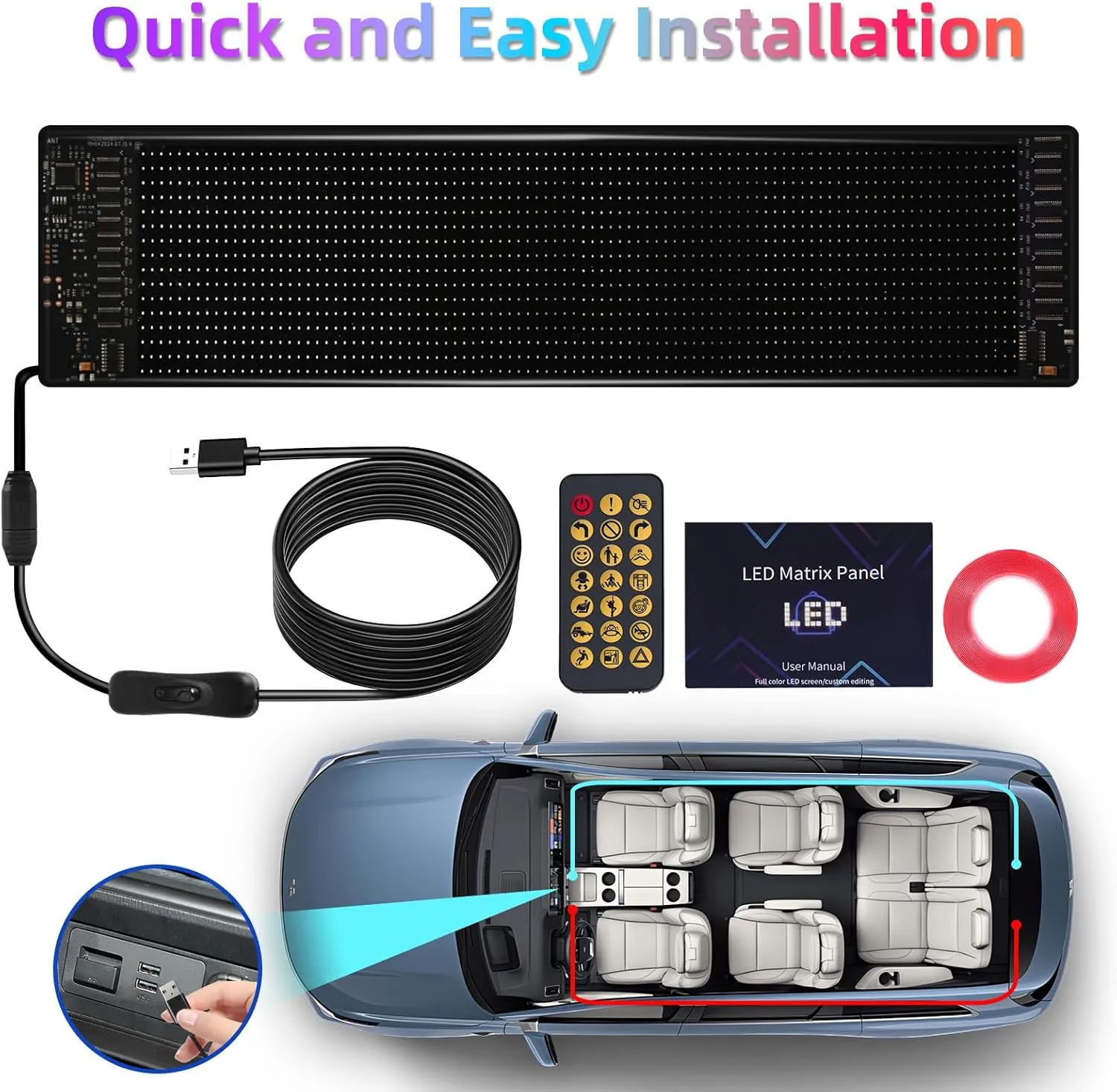 Programmable Scrolling LED Sign, 14.7"x3.6" Flexible Digital Display, USB & APP Control, Custom DIY Editor for Text, Patterns & Animations, Perfect for Car, Store, School, Hotel