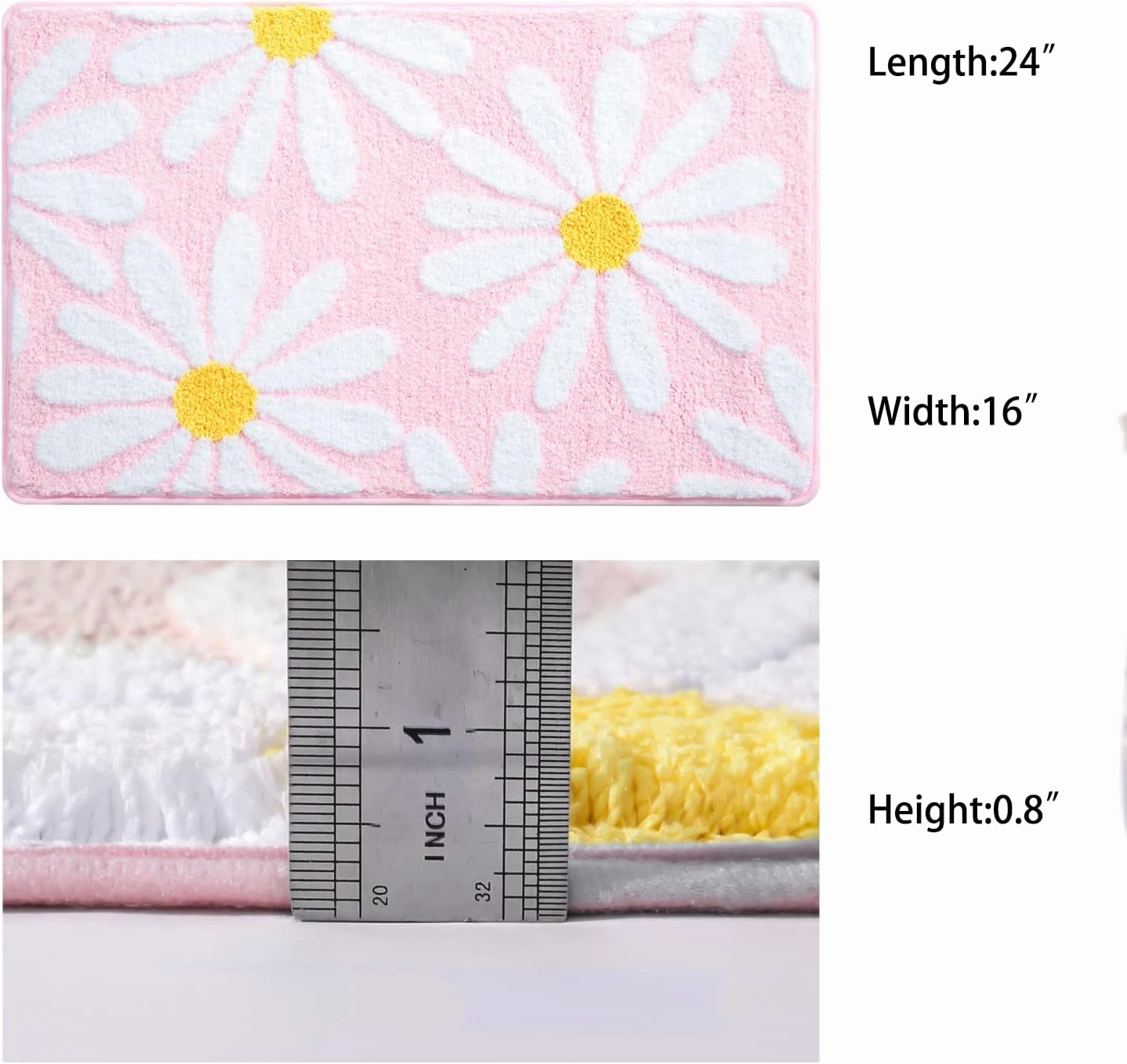 QJHOMO Pink Bathroom Rugs Cute Daisy Bath Mat White and Yellow Flower Decor Rug Non Slip Floor Carpet Microfiber Bathmat Super Absorbent Machine Washable Bathtub Mats for Shower (16x24 inch)