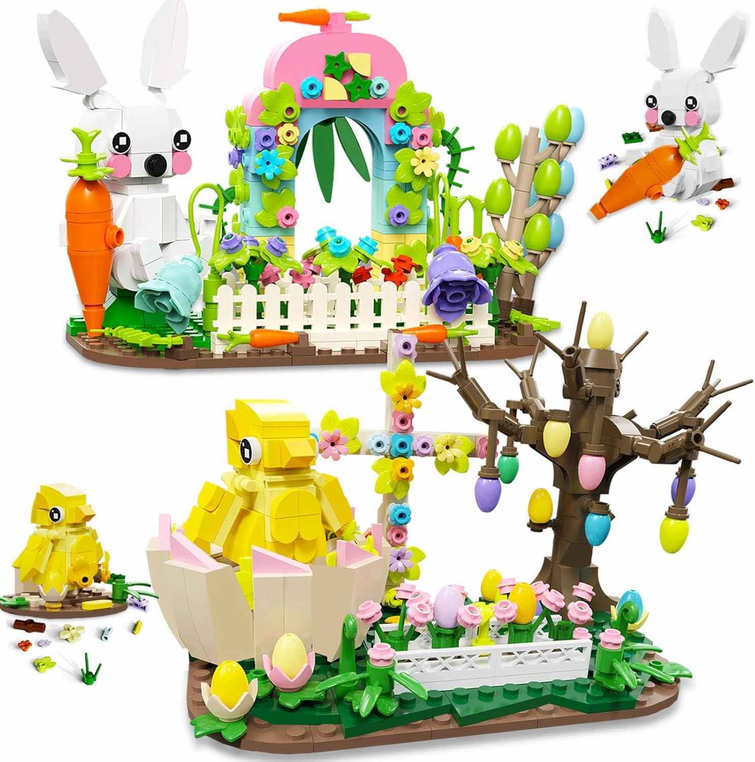 QOQ Bunny and Chick Building Blocks Set, Rabbits Building Toy Set for Adults Kids Easter Basket Stuffers Easter Toys for Kids Boys Girls Age 8  Christmas Birthday Children's Day Gifts (877 PCS)