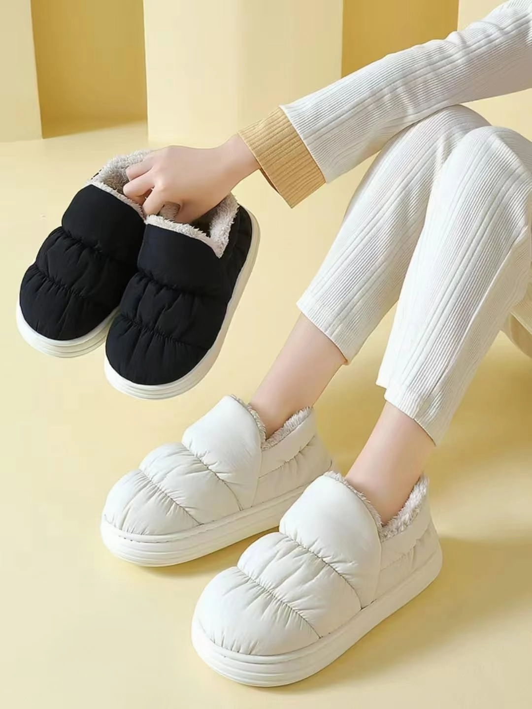 Quilted Puffer House Slippers with Full Foot Coverage Ultra-Soft Cotton Padding Fleece Lining Non-Slip Sole, All-Day Indoor Outdoor Comfort Warmth Shoes for Women Men