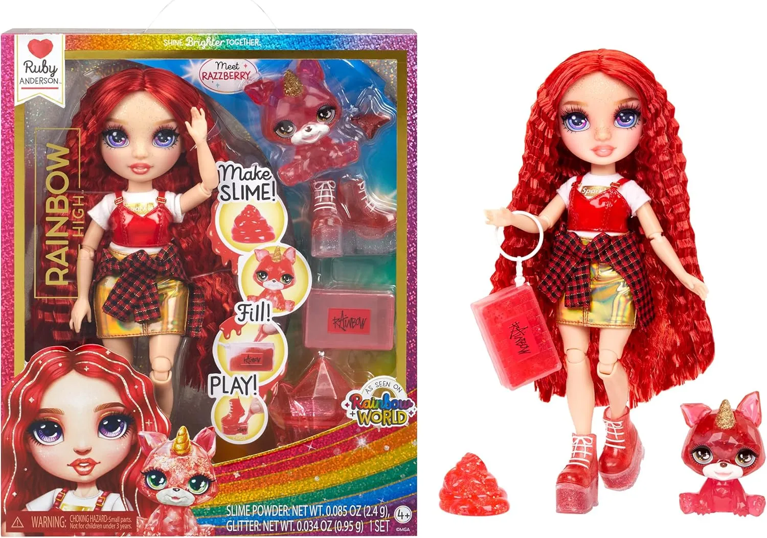 Rainbow High Ruby, Red with Slime Kit & Pet, 11" Shimmer Posable Fashion Doll with DIY Sparkle Slime, Magical Yeti Pet, Fun Play Accessories, Great Toy Gift for Girls Kids Ages 4-12 Years