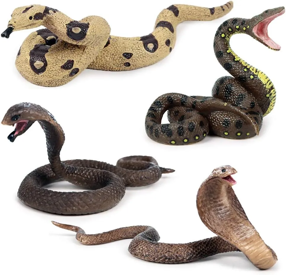 Realistic Wild Life Jungle Animal Action Figures Model Playset Fake Snake Model Party Favors Supplies Cake Toppers Set Toys for Boys Girls Kid (4 PCS)