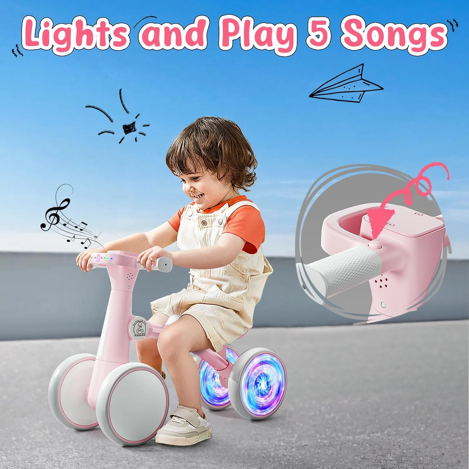 Ridego Colorful Lighting Baby Balance Bike for 1 Year Old Girls Gifts,Toddler Toys for 12-24 Month with Music,4 Silence Wheels Baby Walker,Toddler First Bike for 12-24 Month Birthday Toys Gifts