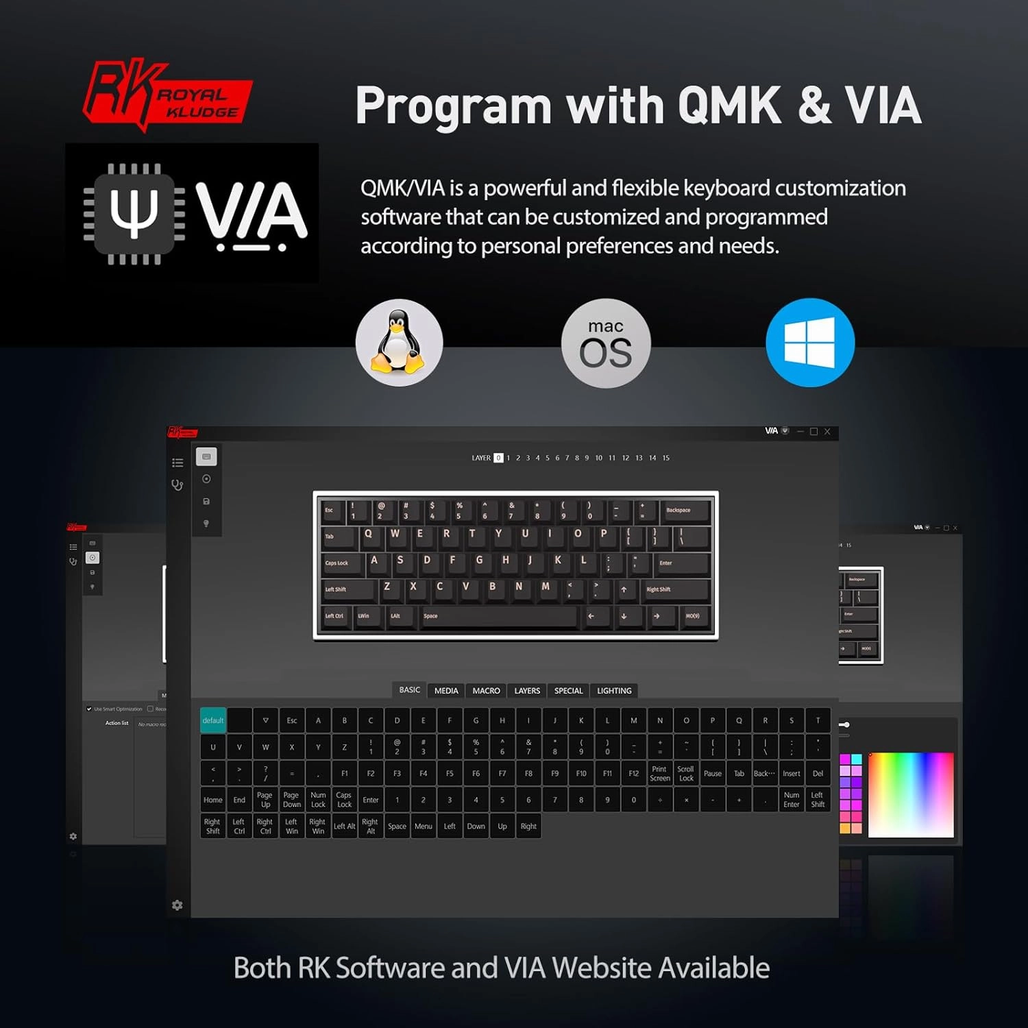 RK ROYAL KLUDGE RK61 Wired 60% Mechanical Gaming Keyboard Programmable QMK/VIA RGB Backlit 61 Keys Ultra-Compact Hot Swappable Brown Switch Black