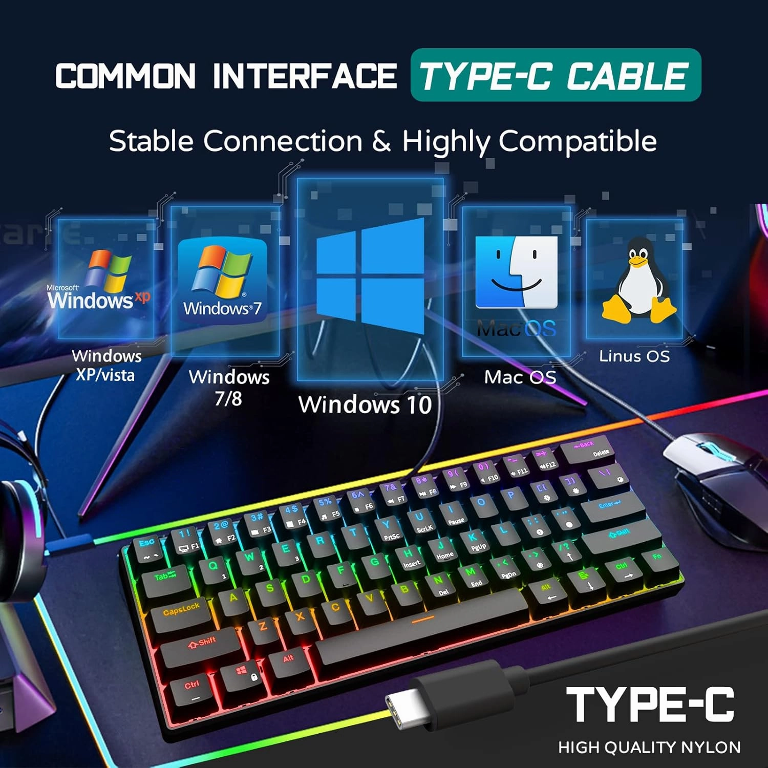 RK ROYAL KLUDGE RK61 Wired 60% Mechanical Gaming Keyboard Programmable QMK/VIA RGB Backlit 61 Keys Ultra-Compact Hot Swappable Brown Switch Black