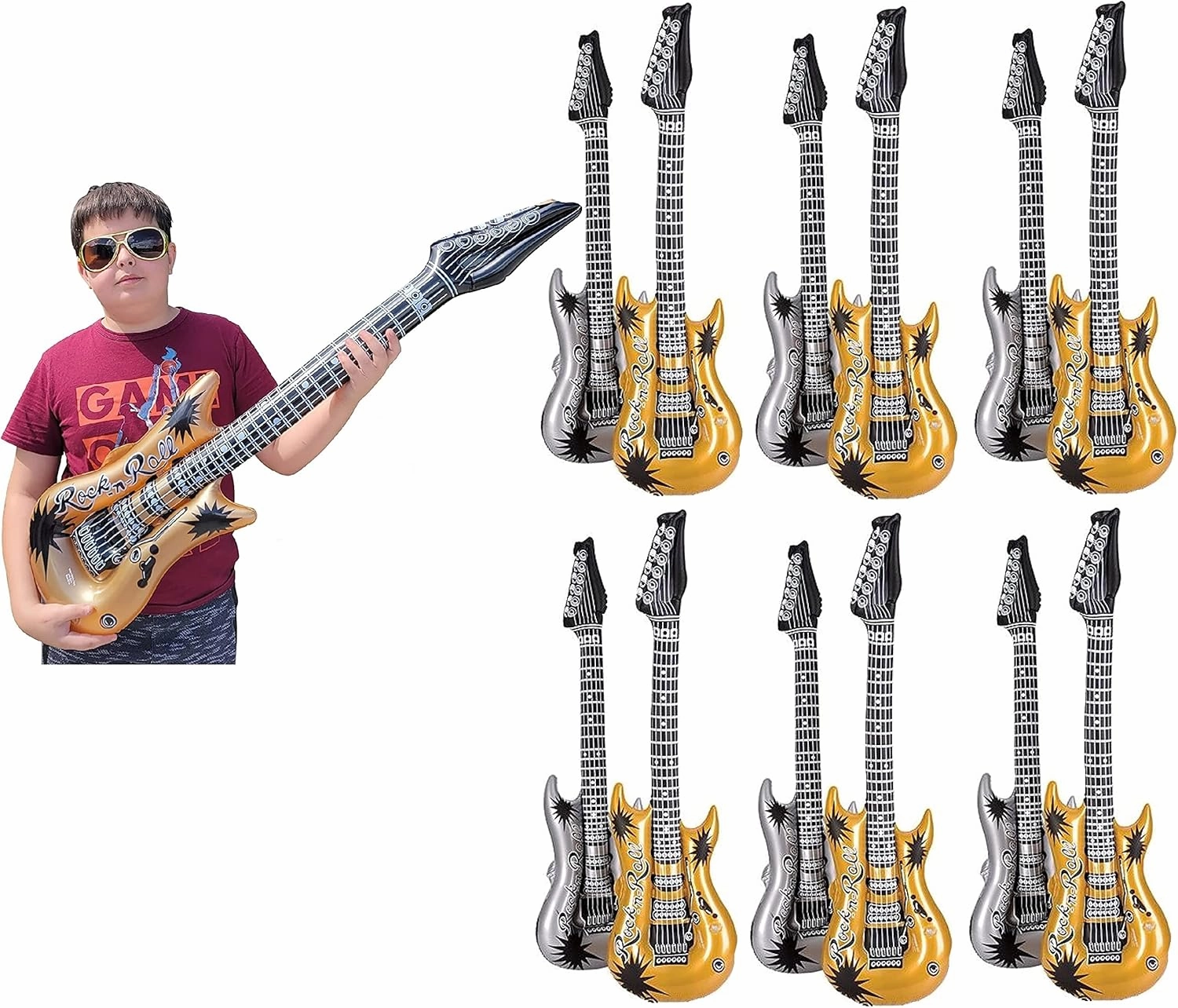 Rock Inflatable Guitar (42 Inches) Vinyl. Perfect Party Favor, DJ Dance 80s Rocker (6 Gold and 6 Silver (12 Pack)), Multi, 42 Inch