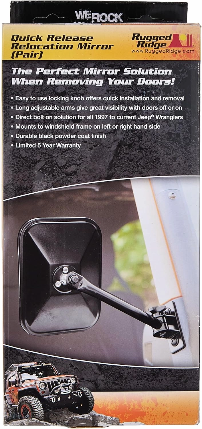Rugged Ridge | Quick Release Mirror Kit, Rectangular, Black | 11025.12 | Fits 1997-2018 Jeep Wrangler TJ/JK