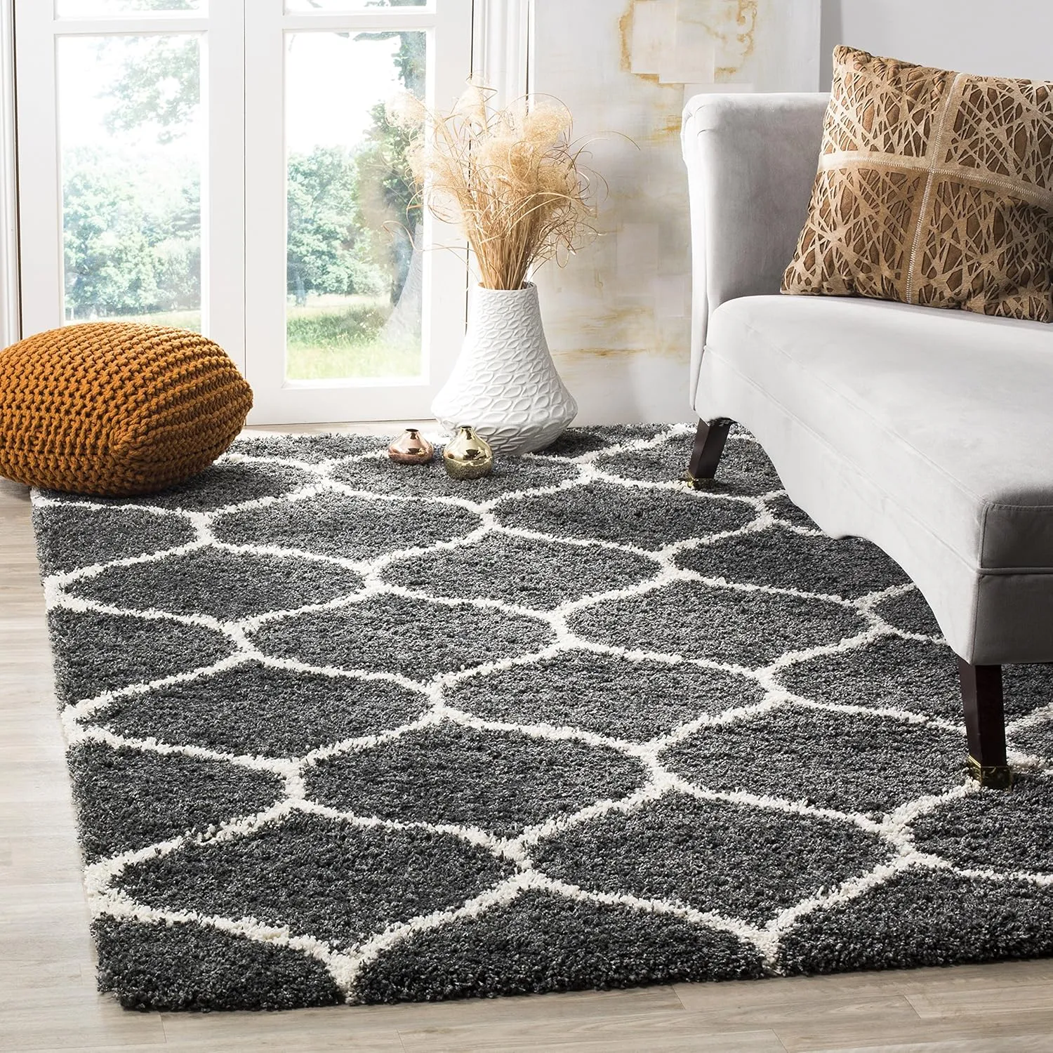 SAFAVIEH Hudson Shag Collection Area Rug - 8' x 10', Dark Grey & Ivory, Trellis Design, Non-Shedding & Easy Care, 2-inch Thick Ideal for High Traffic Areas in Living Room, Bedroom (SGH280G)