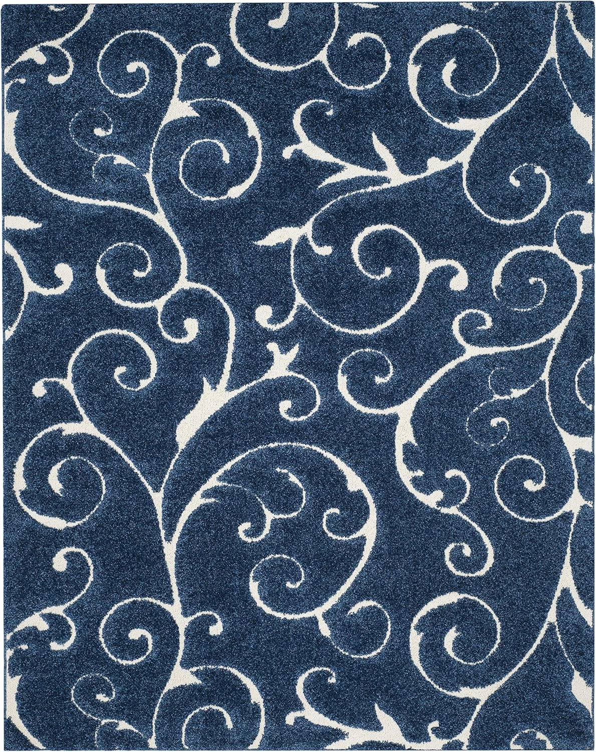 SAFAVIEH Florida Shag Collection Area Rug - 8' x 10', Dark Blue & Cream, Scroll Design, Non-Shedding & Easy Care, 1.2-inch Thick Ideal for High Traffic Areas in Living Room, Bedroom (SG455-6511)