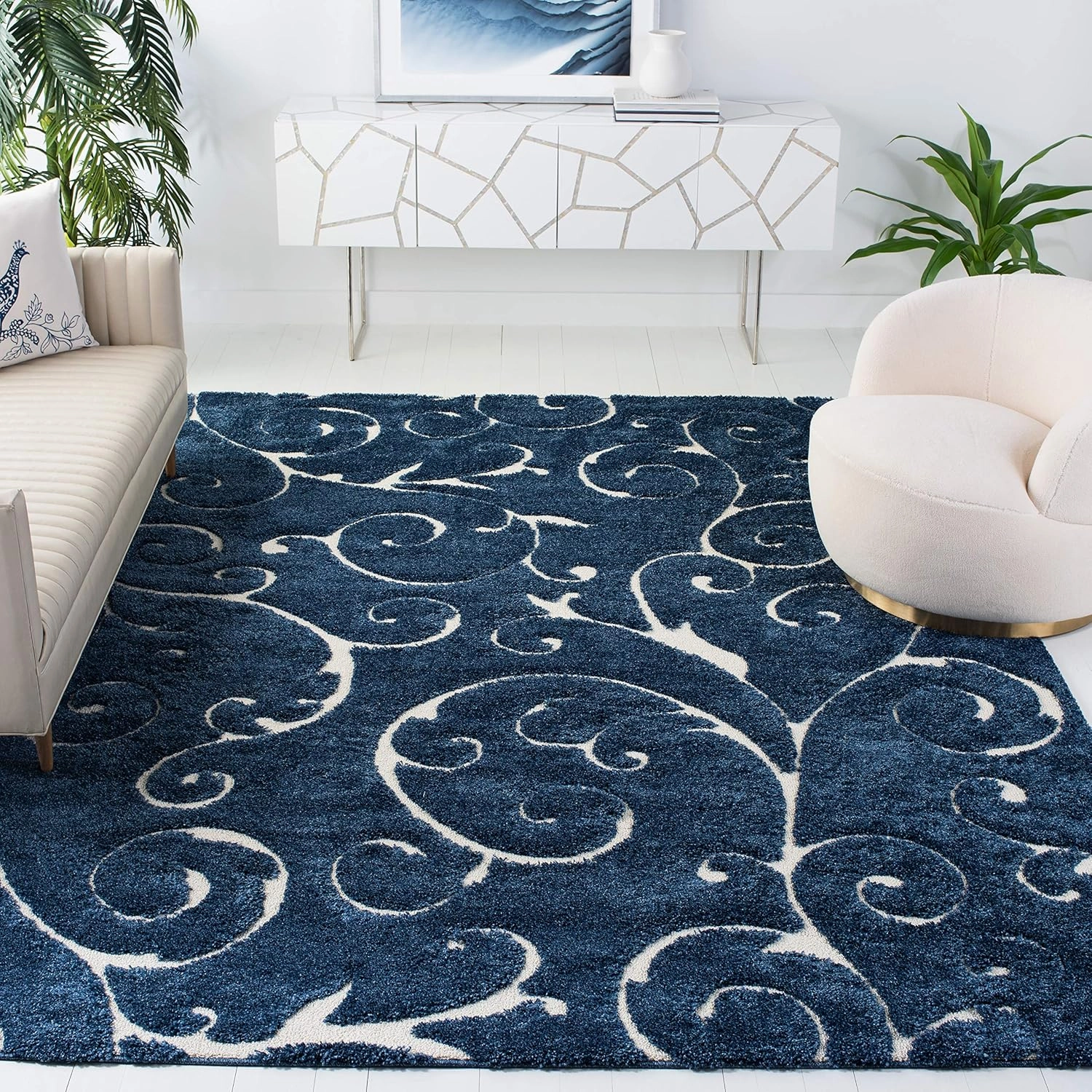 SAFAVIEH Florida Shag Collection Area Rug - 8' x 10', Dark Blue & Cream, Scroll Design, Non-Shedding & Easy Care, 1.2-inch Thick Ideal for High Traffic Areas in Living Room, Bedroom (SG455-6511)