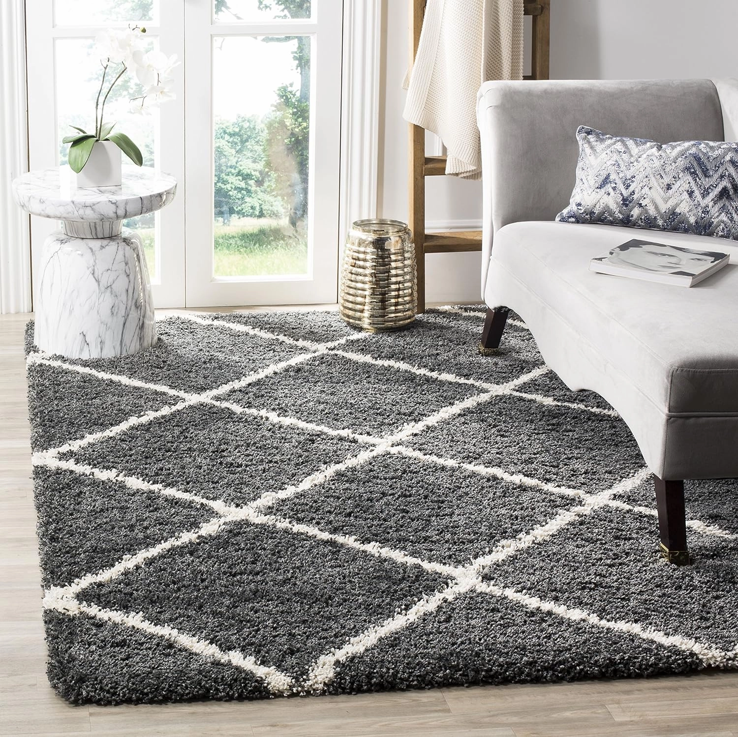SAFAVIEH Hudson Shag Collection Area Rug - 9' x 12', Dark Grey & Ivory, Modern Trellis Design, Non-Shedding & Easy Care, 2-inch Thick Ideal for High Traffic Areas in Living Room, Bedroom (SGH281G)