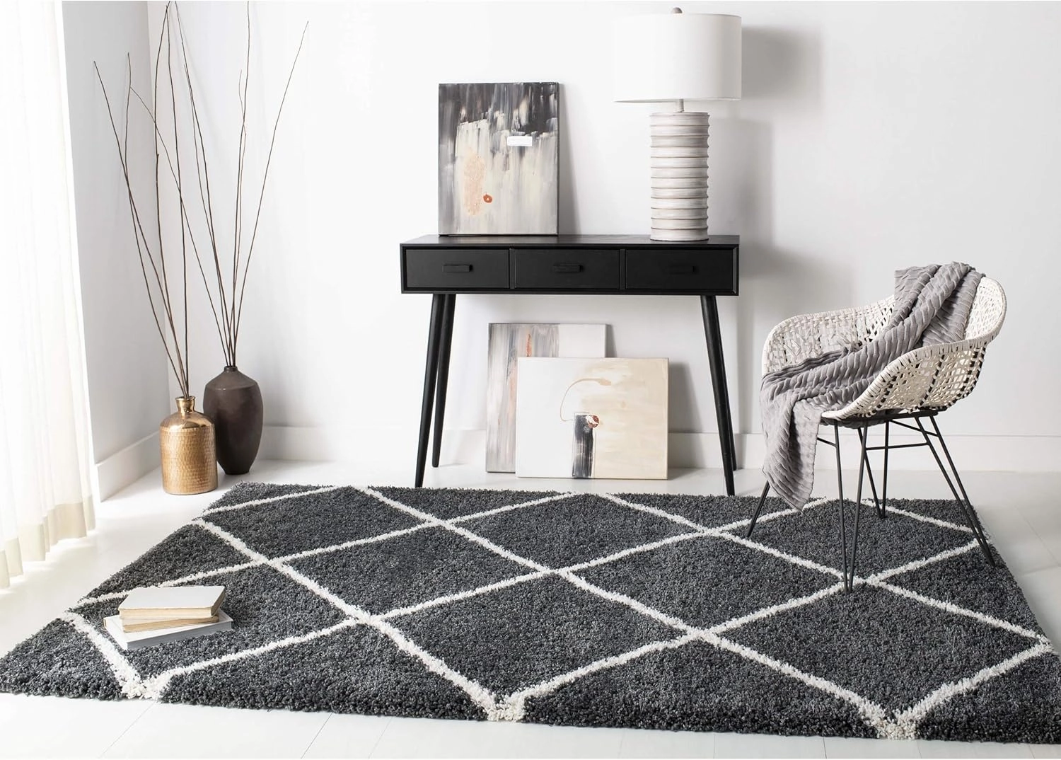 SAFAVIEH Hudson Shag Collection Area Rug - 9' x 12', Dark Grey & Ivory, Modern Trellis Design, Non-Shedding & Easy Care, 2-inch Thick Ideal for High Traffic Areas in Living Room, Bedroom (SGH281G)