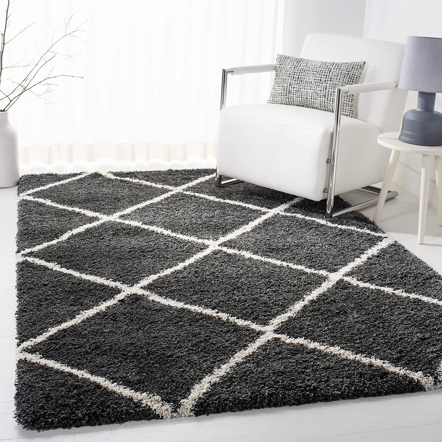 SAFAVIEH Hudson Shag Collection Area Rug - 9' x 12', Dark Grey & Ivory, Modern Trellis Design, Non-Shedding & Easy Care, 2-inch Thick Ideal for High Traffic Areas in Living Room, Bedroom (SGH281G)