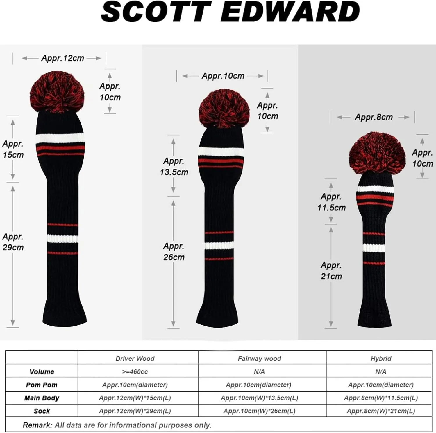 Scott Edward Golf Headcovers for Woods Set of 3 Fits Well Driver(460cc) Fairway Wood and Hybrid(UT) The Perfect Change for Golf Bag Interesting Pattern Styles